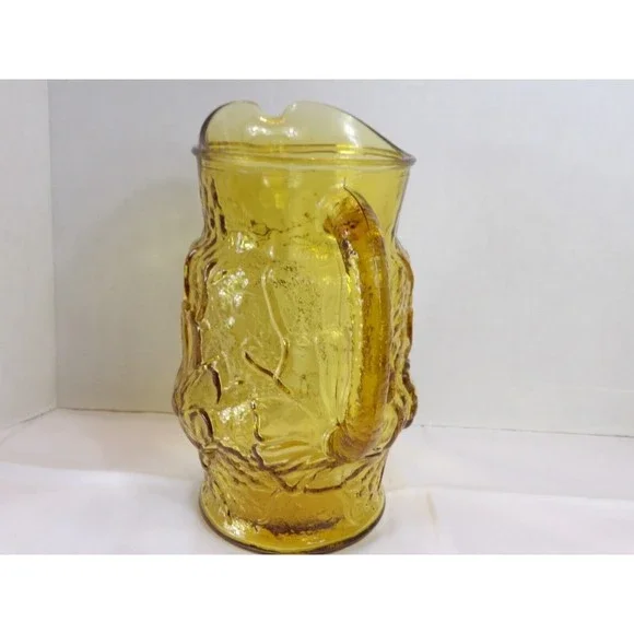 Vtg MCM Anchor Hocking Rain Flower Amber Glass Crinkle Pitcher Retro 10” 72 Oz - Picture 3 of 8